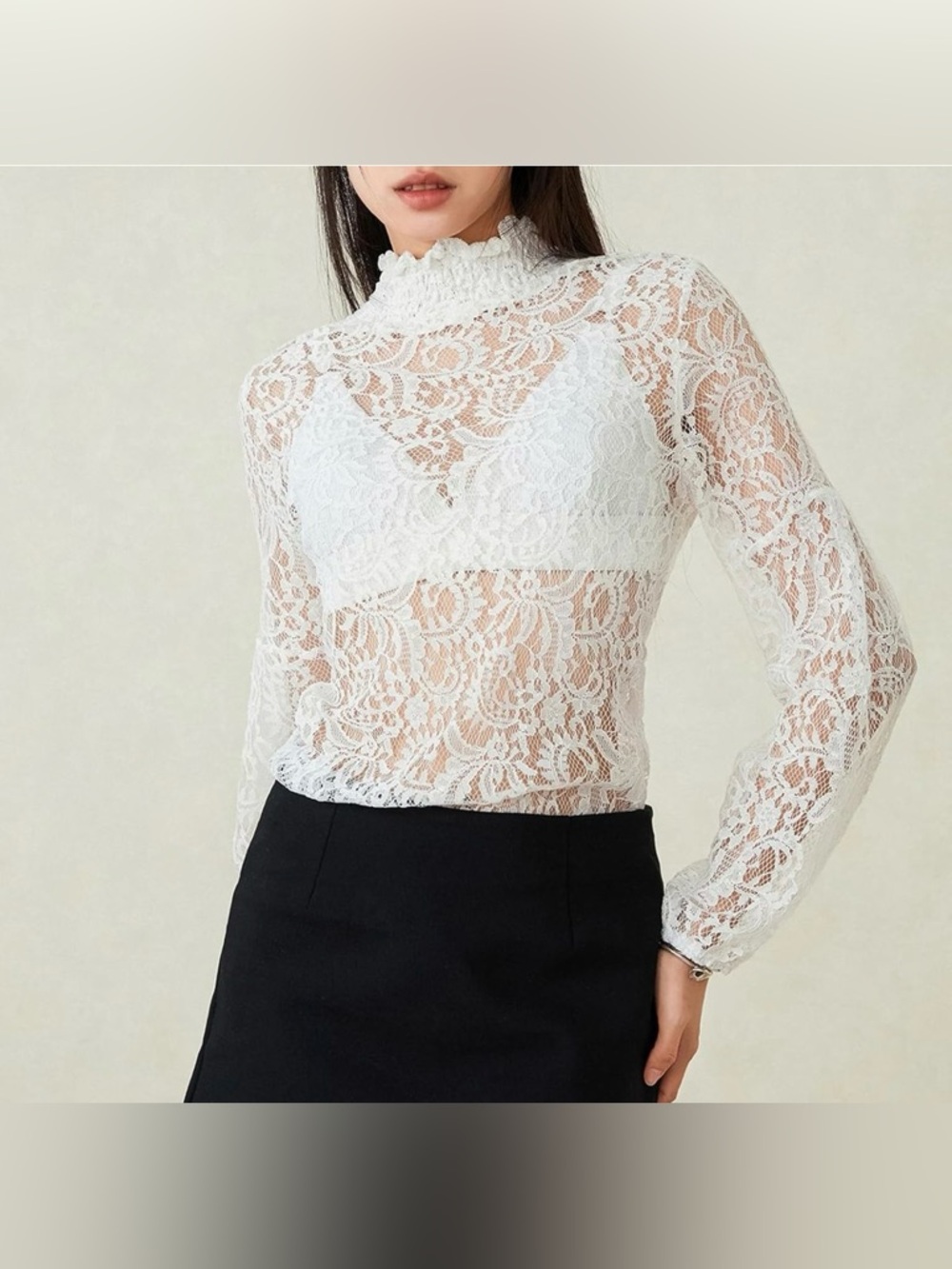 Women’s Sexy Floral  Lace High Neck Fitted Blouse - White Small